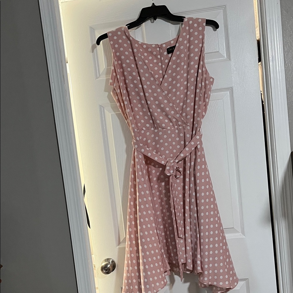 Sleeveless Pink Polka Dot Faux Wrap Dress